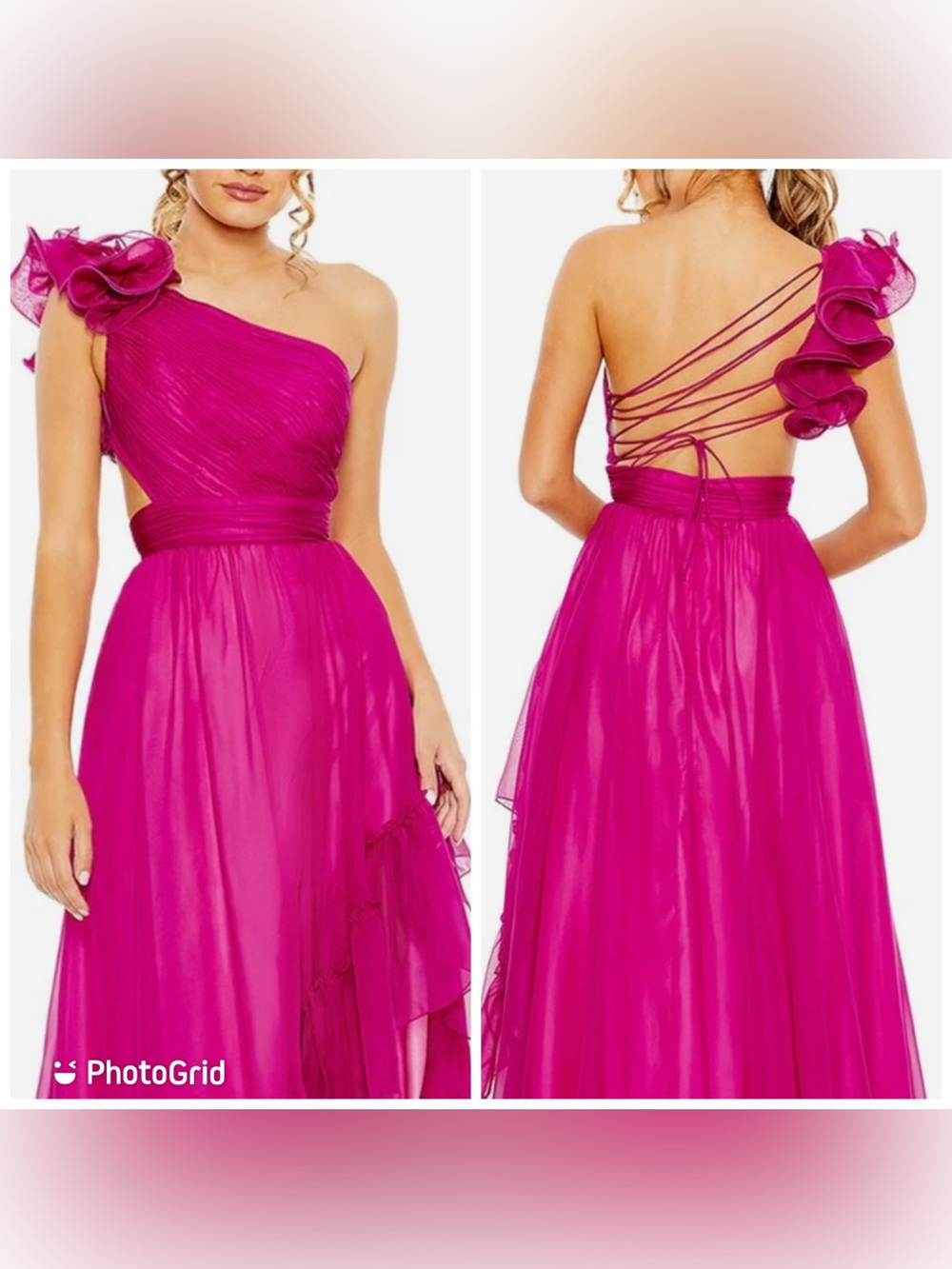 Mac Duggal One-Shoulder Fuchsia Ruffle Gown - Picture 4 of 7